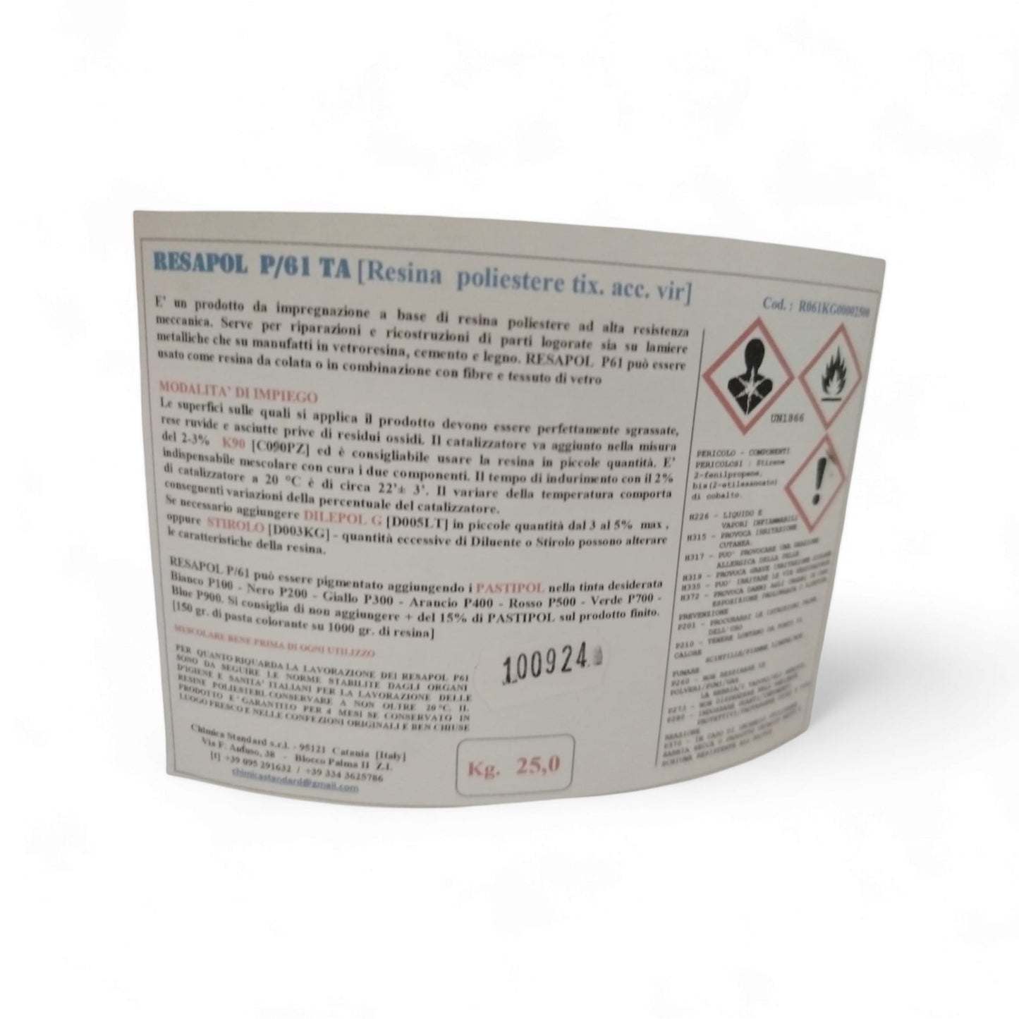 Resina Poliestere Tixotronica Resapol P93/Ta Kg 25 etichetta